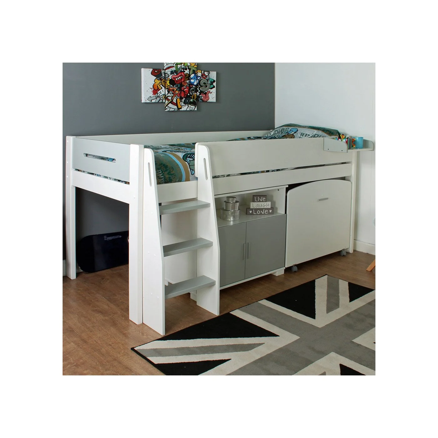 Urban Grey Midsleeper 2 Bed with Pull Out Desk and Cupboard