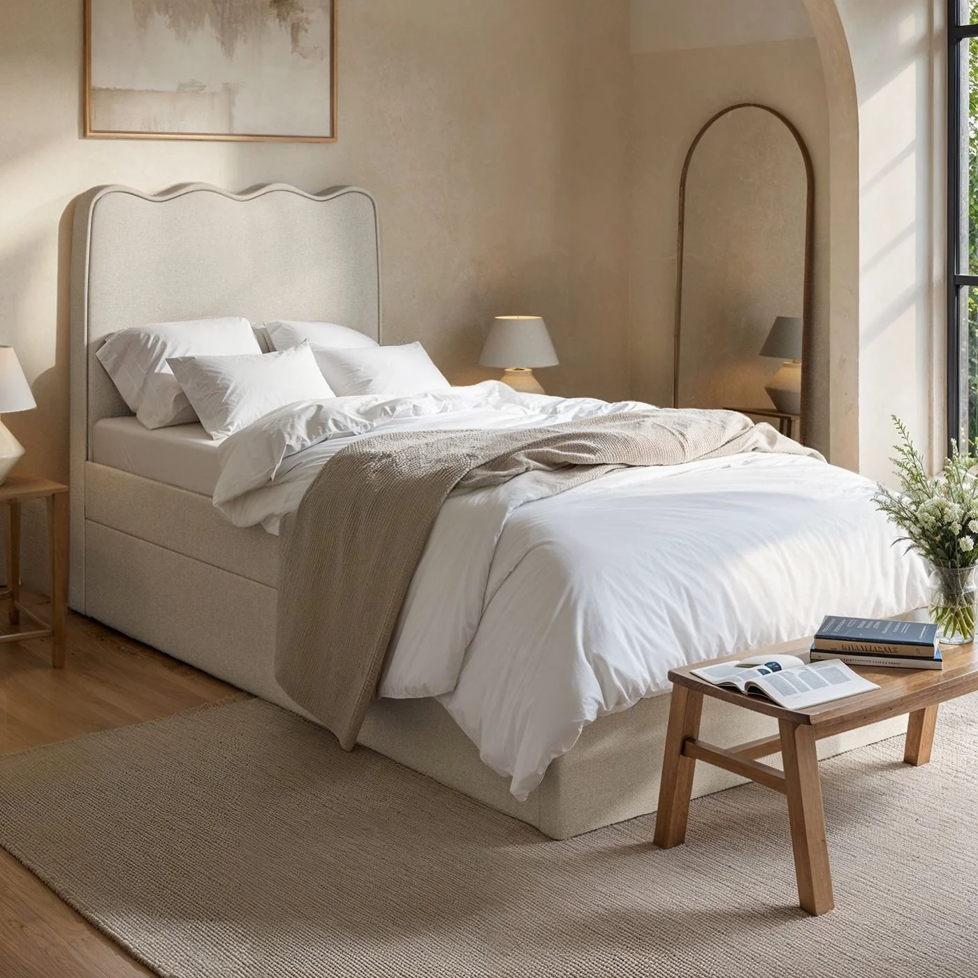 Flair Ellis Single Bed with Trundle Beige Woven Fabric