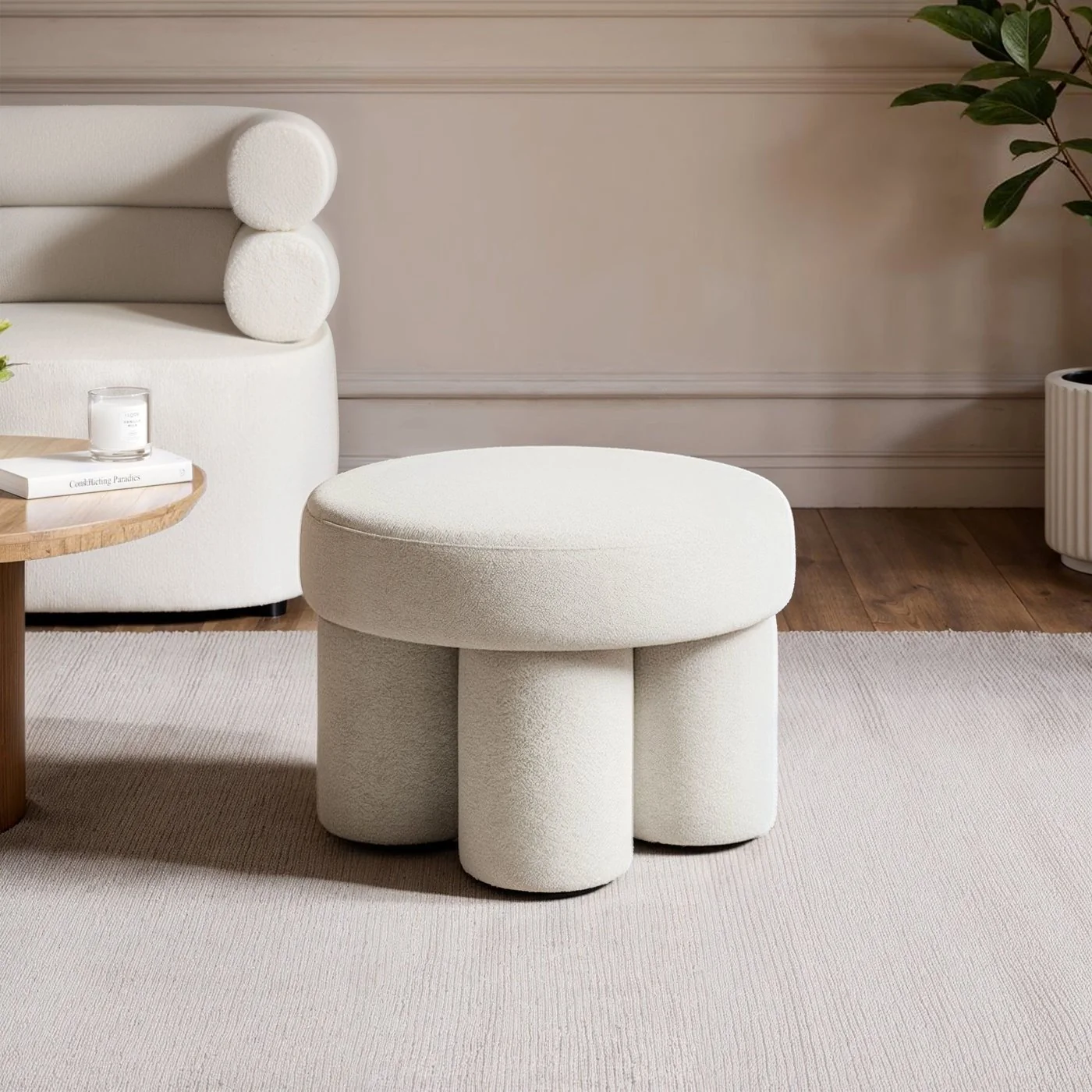 SOLACE+CO Ferro Low Round Pouffe Stool Beige Sherpa Fleece