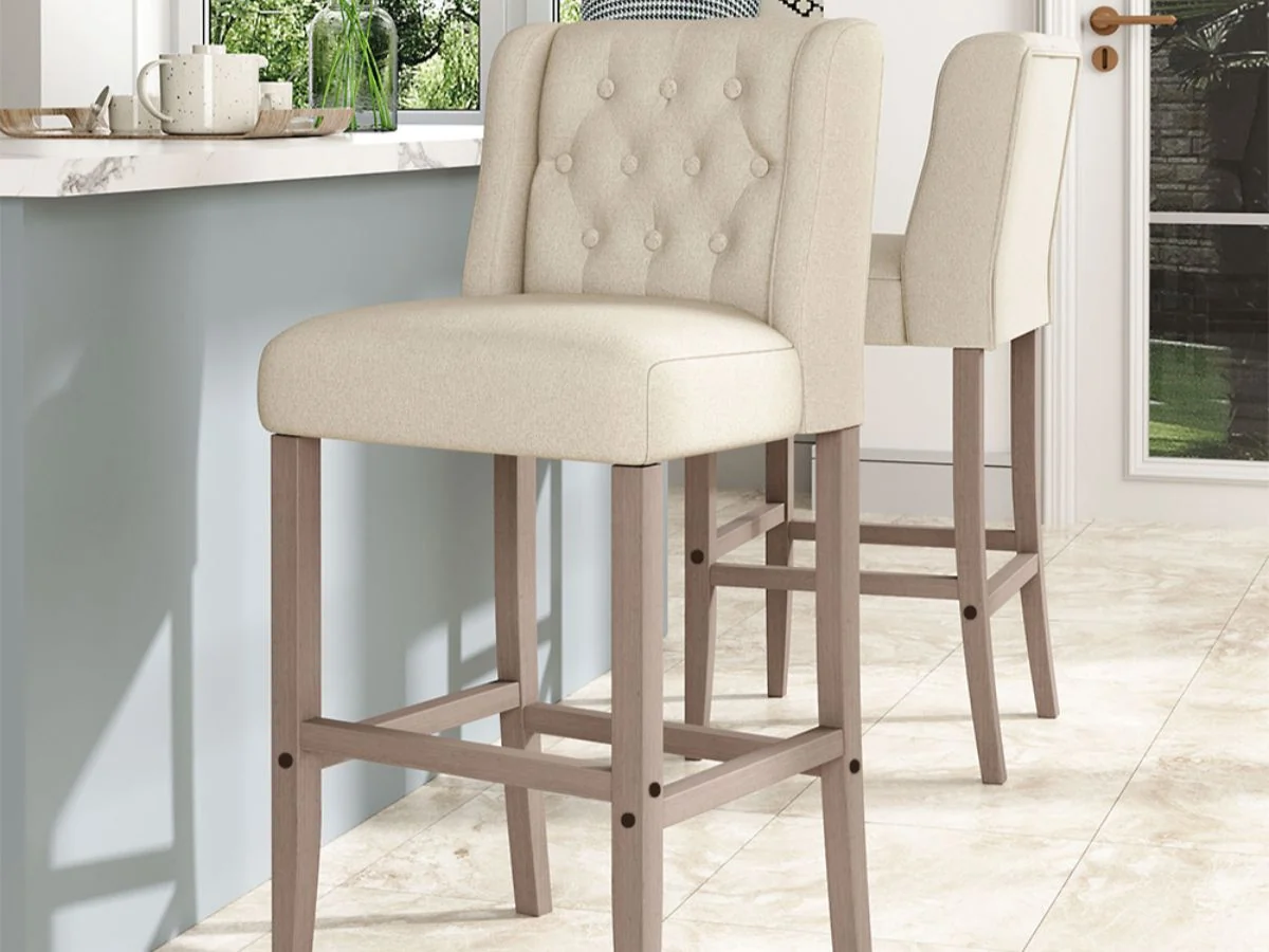Living & Home Rustic Set of 2 Bar Stools Linen Tufted with Wood Legs