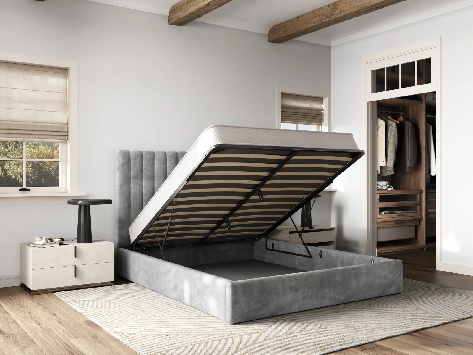 double ottoman bed that is open to reveal storage space