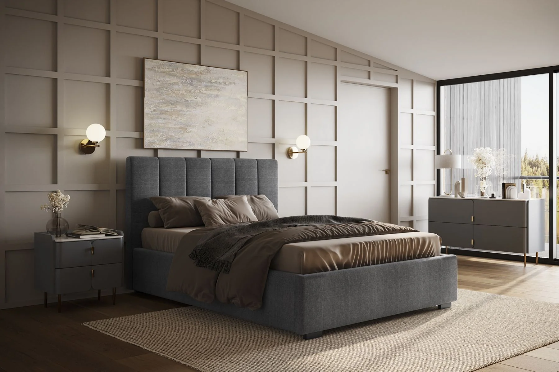 Grey fabric ottoman bed