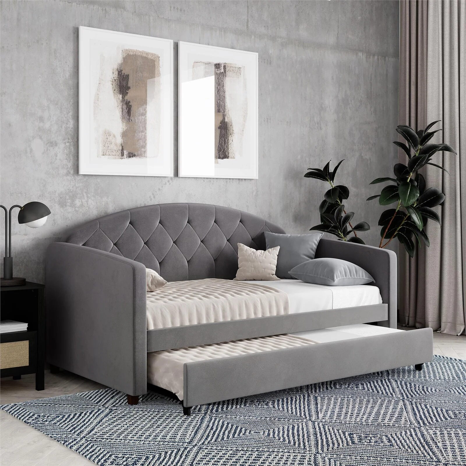 Dorel Aspen Daybed WTrundle LGrey Velvet 2BX view 2