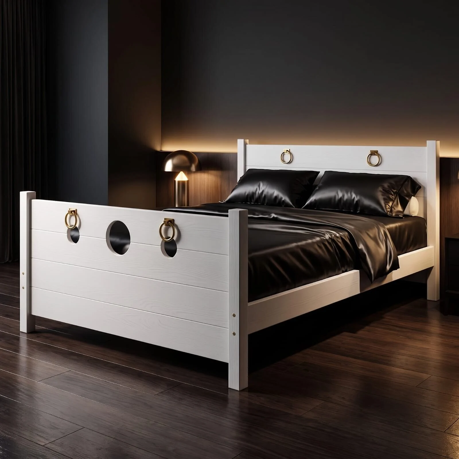 The Sovereign Bed in Alabaster White with black satin bedding in a softly lit dark bedroom