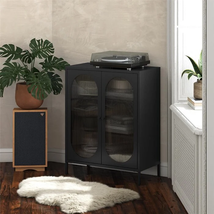 Dorel Luna Accent Cabinet 2D Fluted Glass Black Met view 2
