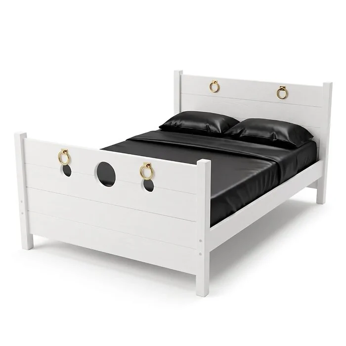 The Sovereign Bed in Alabaster White, studio view with black satin bedding