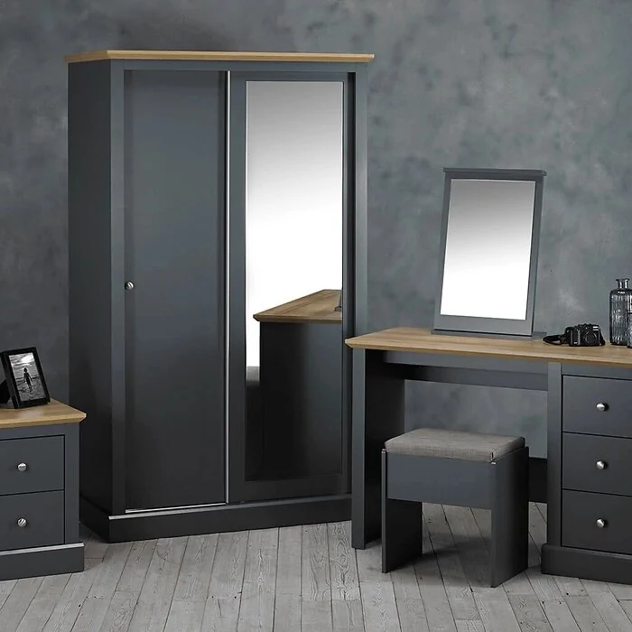 LPD Devon Charcoal & Oak 2 Door Sliding Mirrored Wardrobe view 4