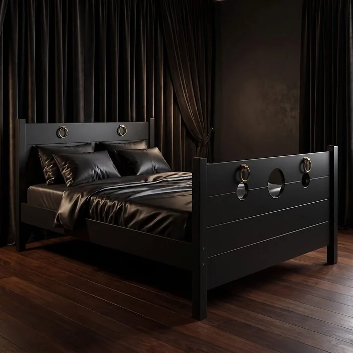 The Sovereign Bed in Onyx Black against dark curtains on a wooden floor