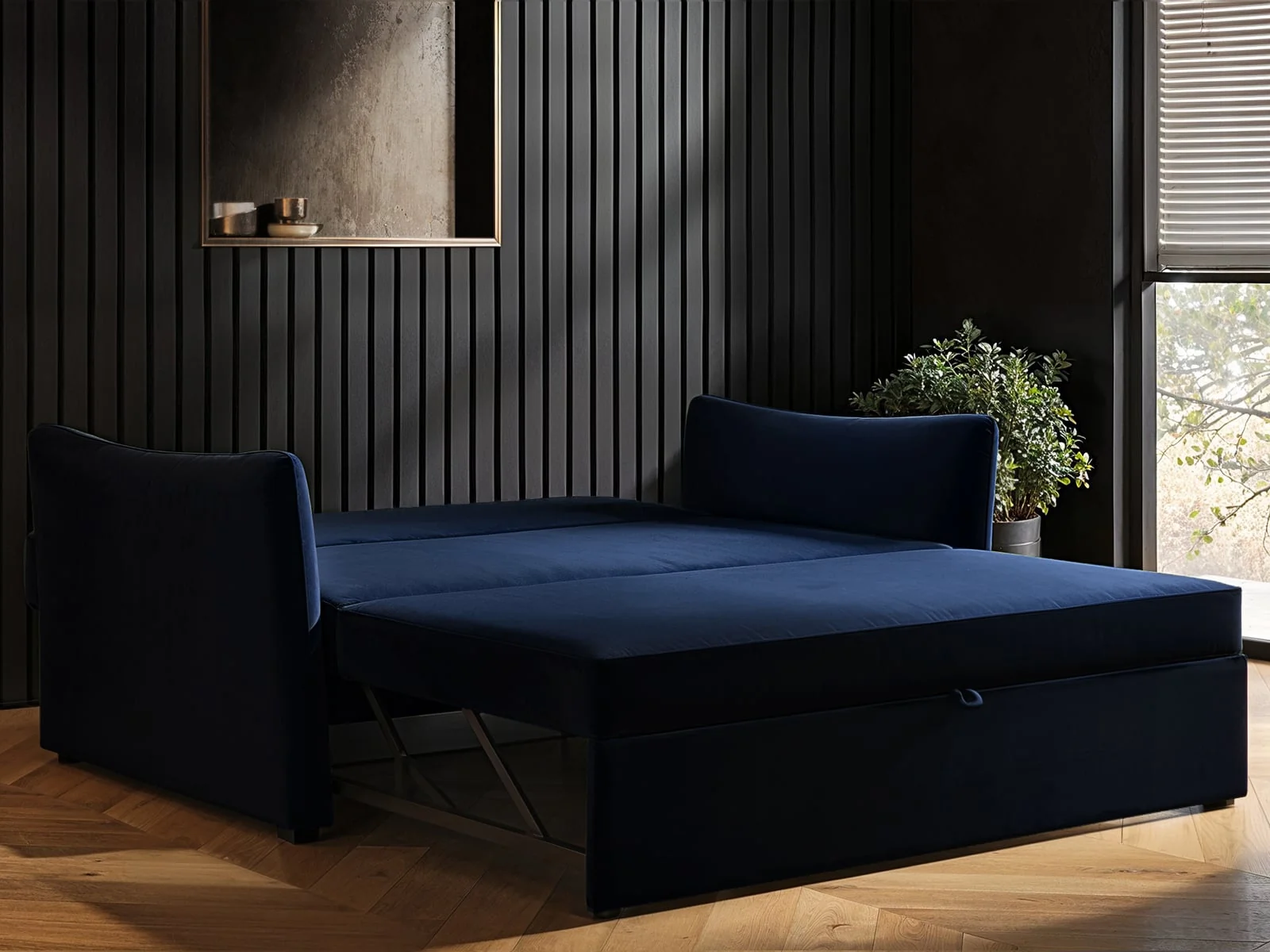 Solace+Co Skyler sofa bed in blue velvet folded out
