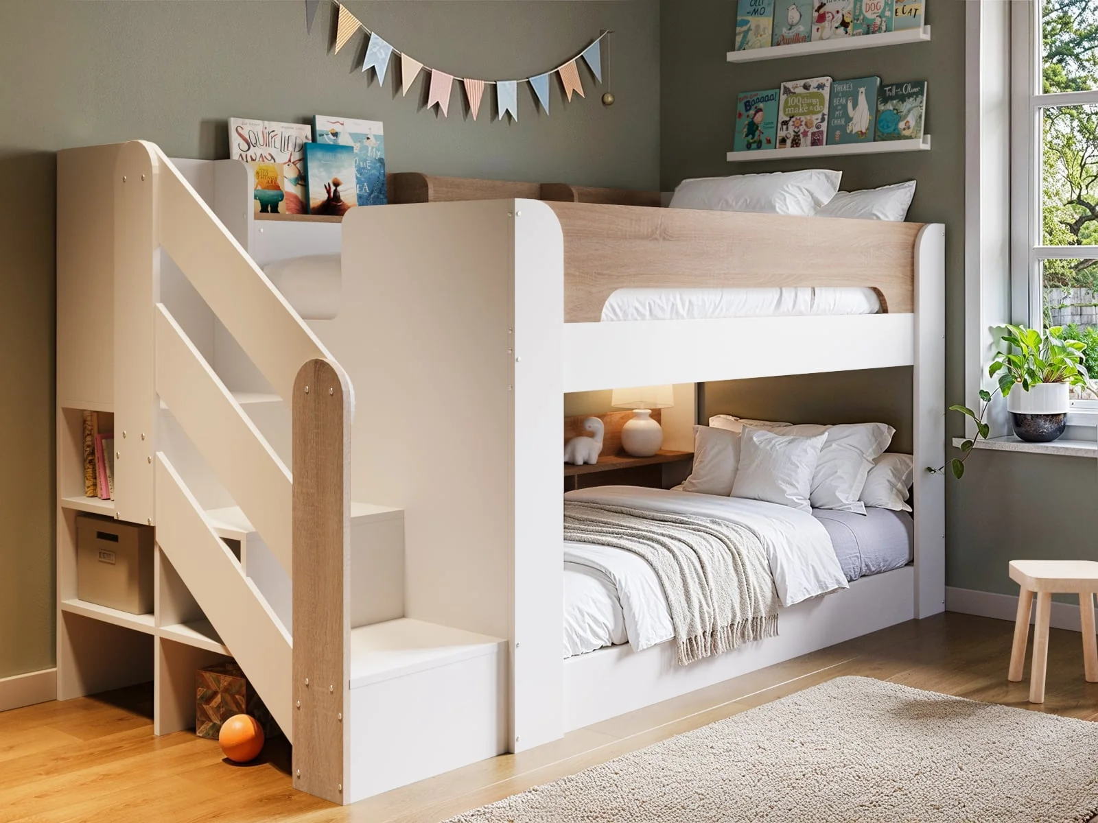 Flair Zeno staircase bunk bed in white and oak