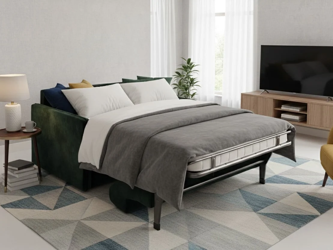 green sofa bed unfolded in living area