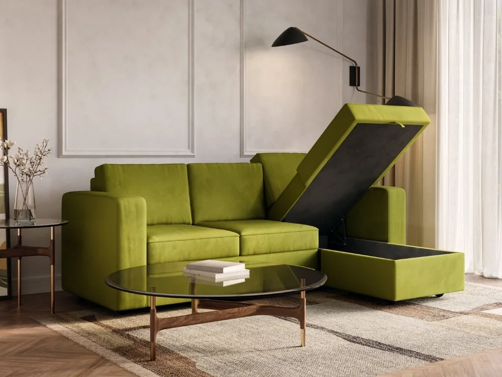 green sofa with ottoman storage