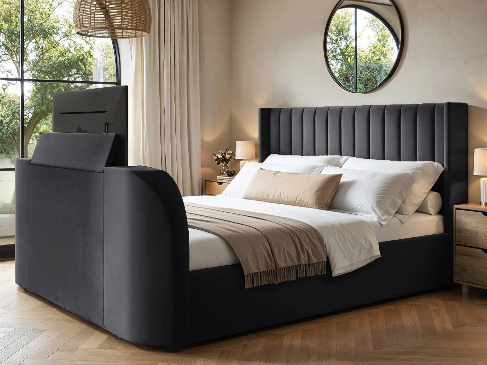 grey tv bed