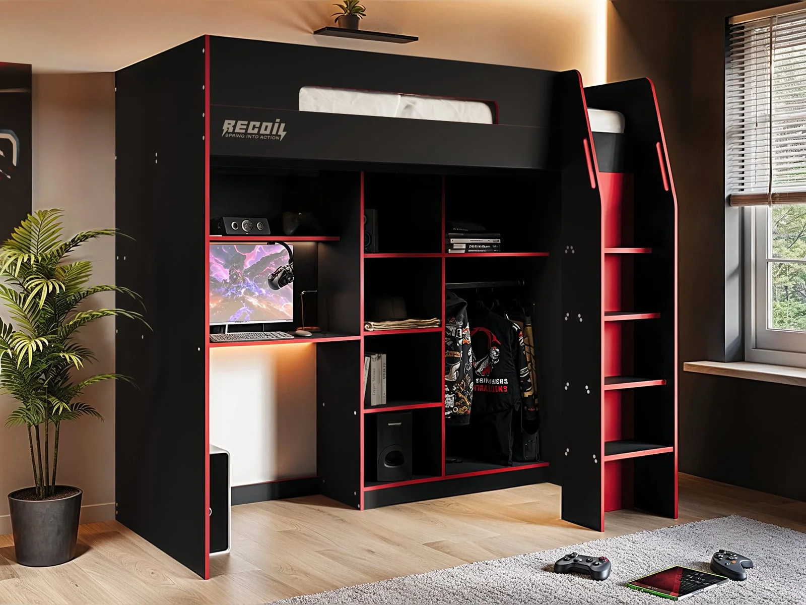 red and black gaming high sleeper bed with storage