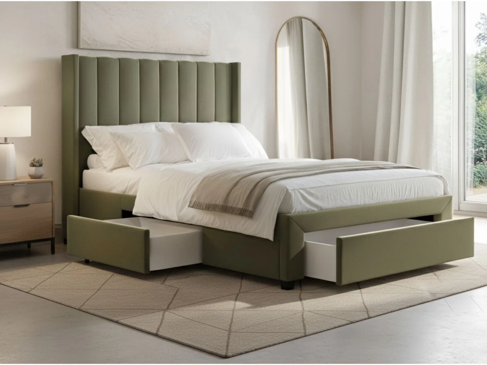 green storage bed with drawers