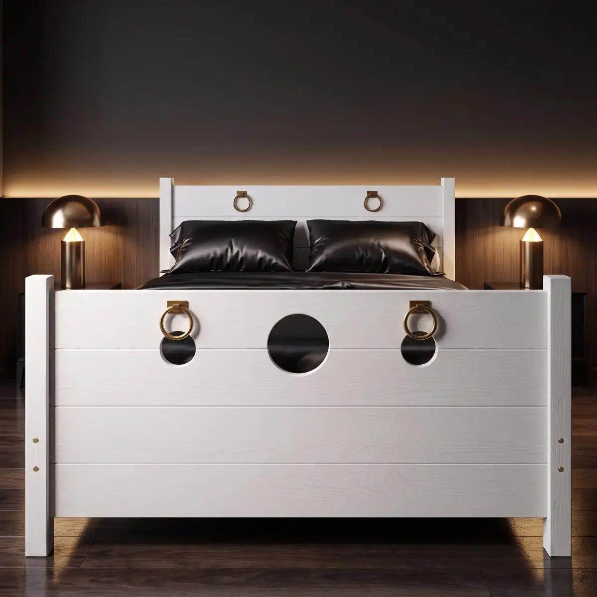 Rings revealed: the same bed with the panels removed, integrated rings ready to use